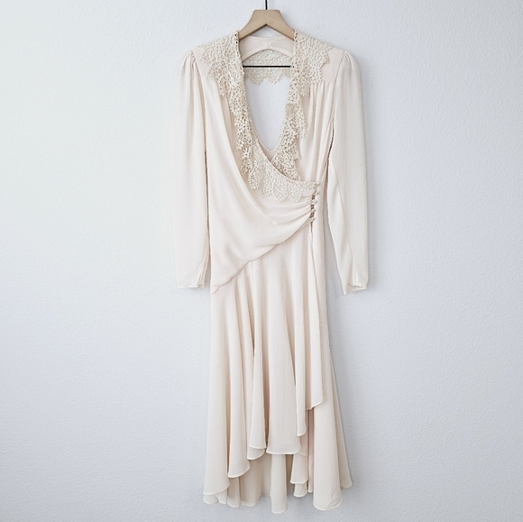 Vintage J.Harris 80s Wrap Lace Chiffon Pearls Romantic Long Sleeve Midi Dress - Picture 2 of 16